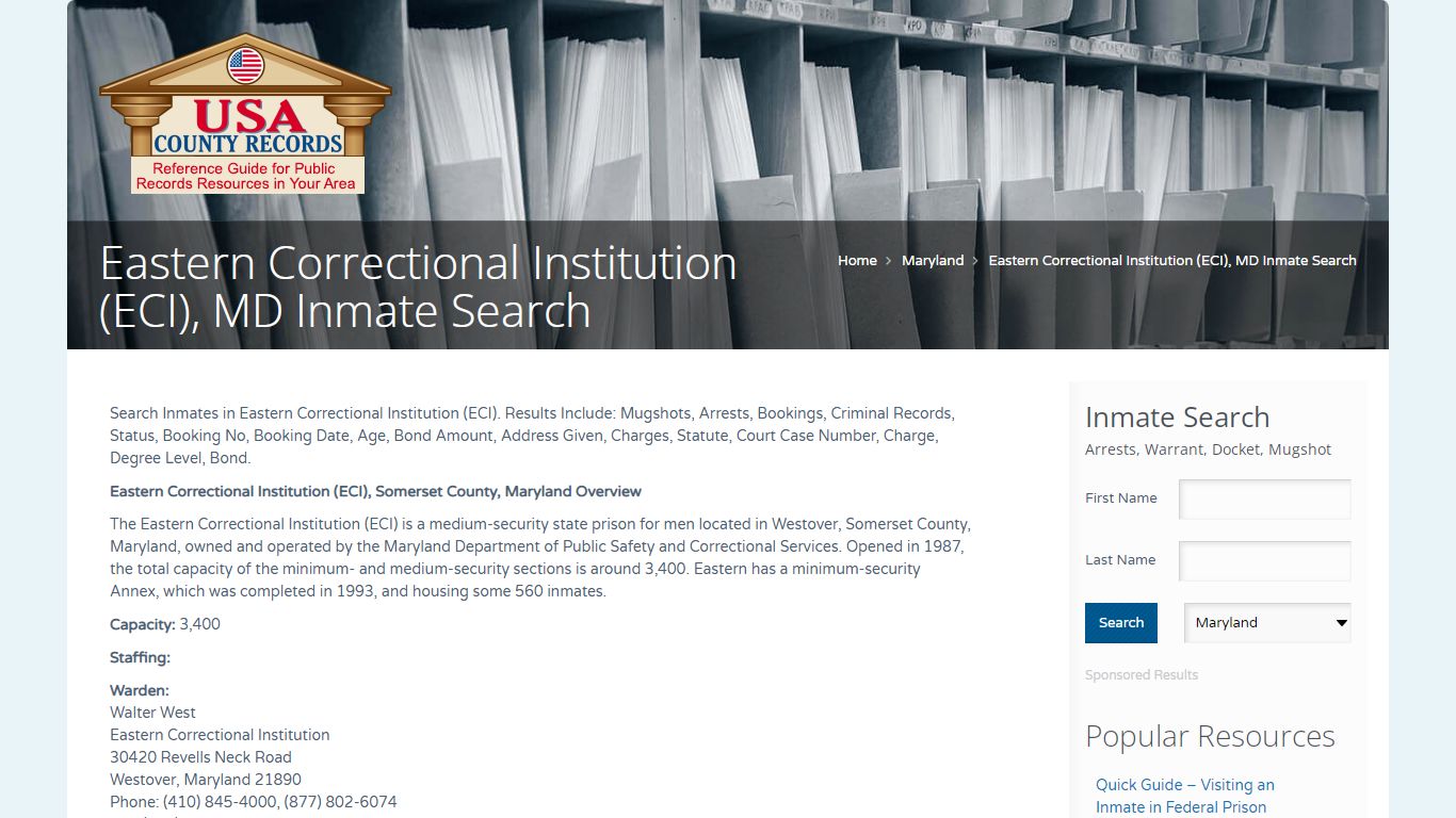 Eastern Correctional Institution (ECI), MD Inmate Search ...
